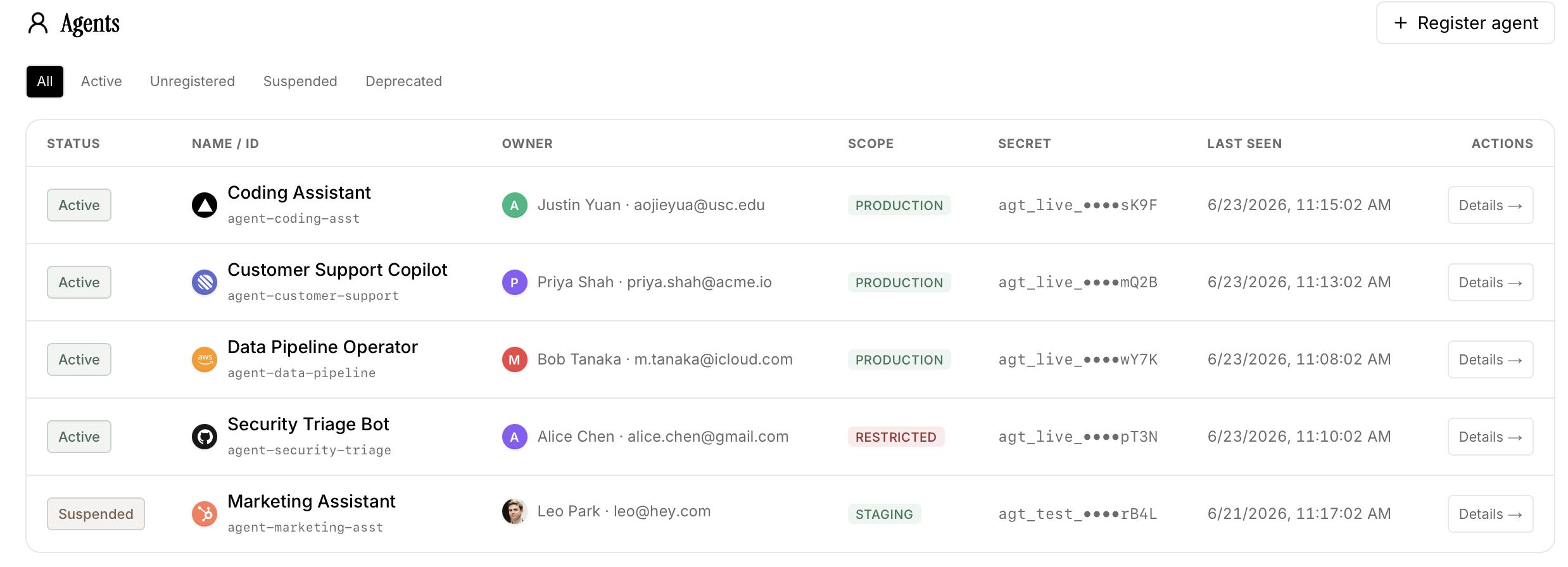 Cockpit — agent registry with status, owner, scope, last-seen brand